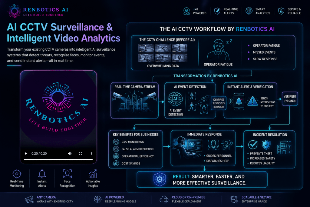 AI CCTV surveillance dashboard with intelligent video analytics, AI event detection, facial recognition, real-time security alerts, and automated monitoring by Renbotics AI