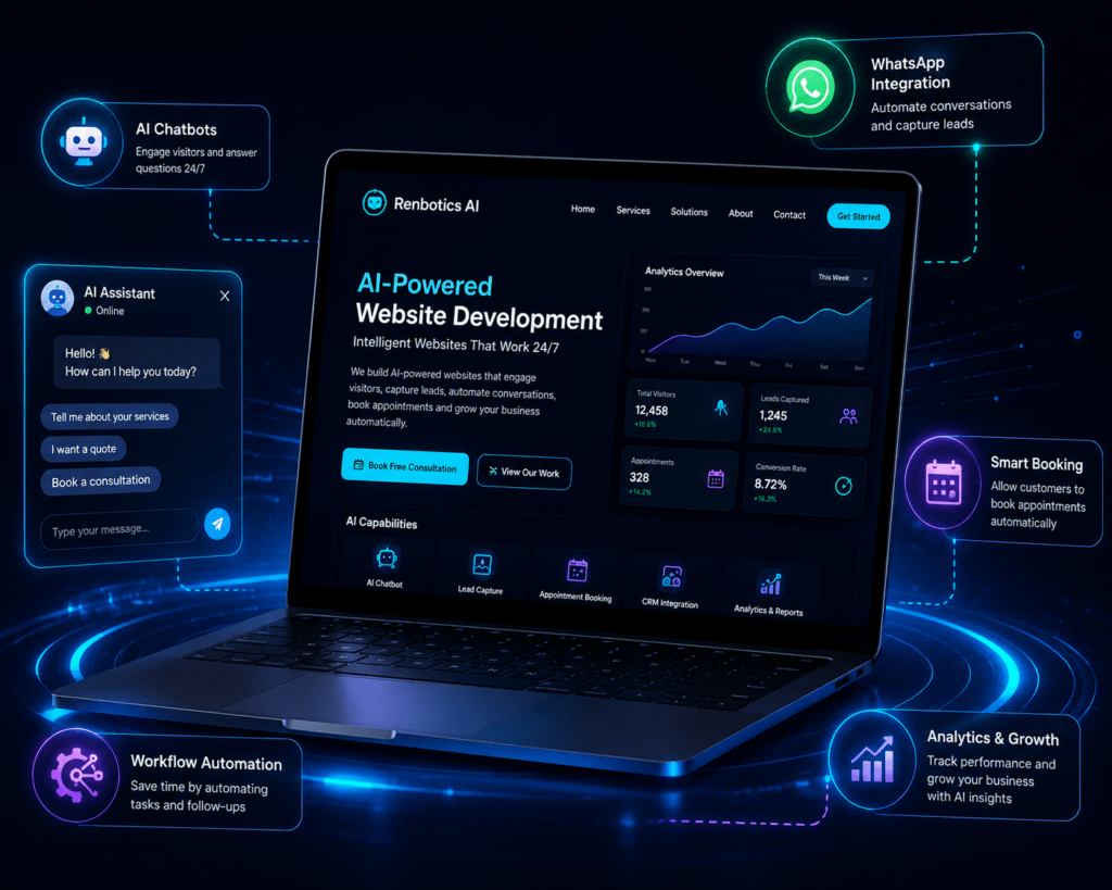 AI-powered website development illustration featuring AI chatbot, WhatsApp automation, CRM integration, lead generation and business growth dashboard