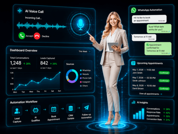 AI automation dashboard with virtual AI receptionist, voice agent, WhatsApp automation, CRM workflows, and business automation solutions by Renbotics AI