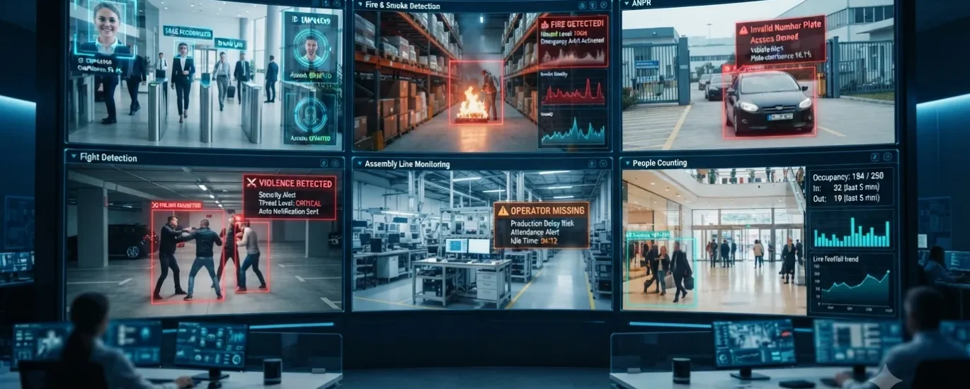 AI CCTV installation dashboard with face recognition, fire detection, ANPR, people counting and AI video analytics.