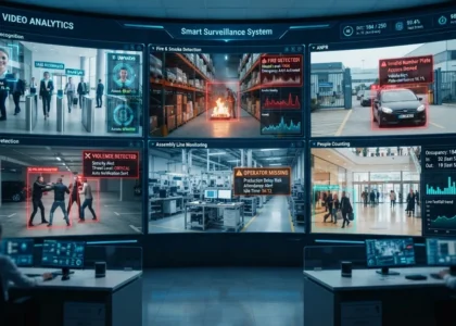 AI CCTV installation dashboard with face recognition, fire detection, ANPR, people counting and AI video analytics.