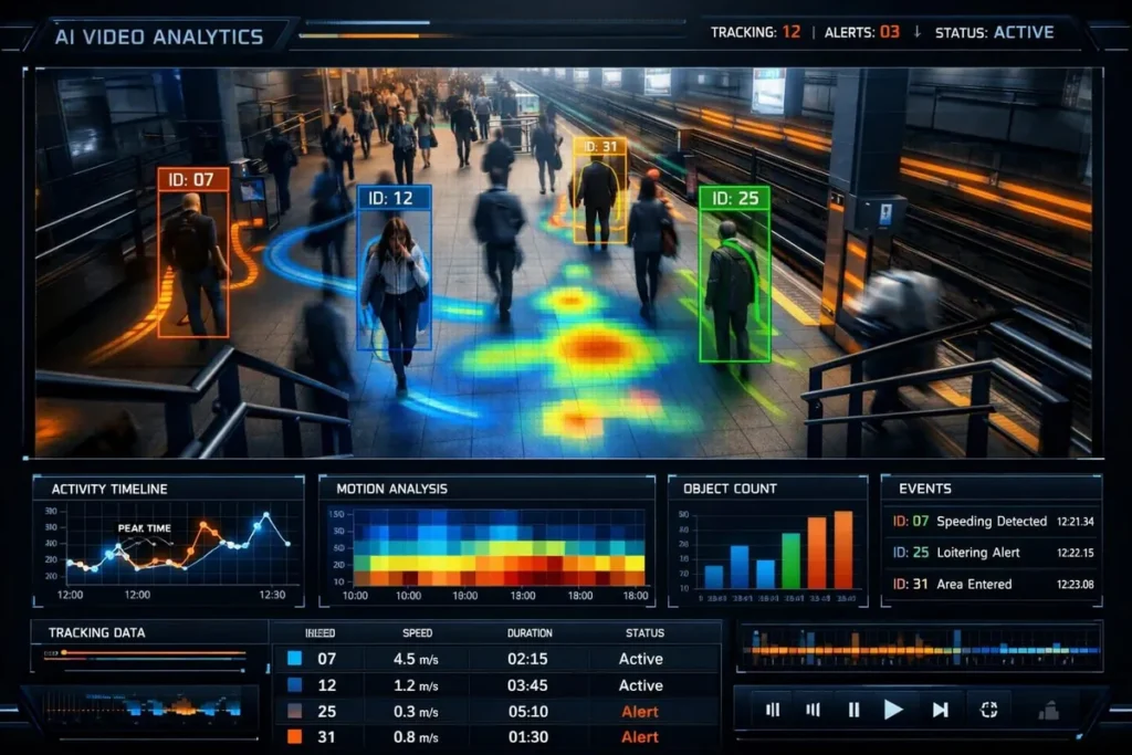 AI video analytics dashboard tracking people with heat maps, object detection and real-time surveillance.