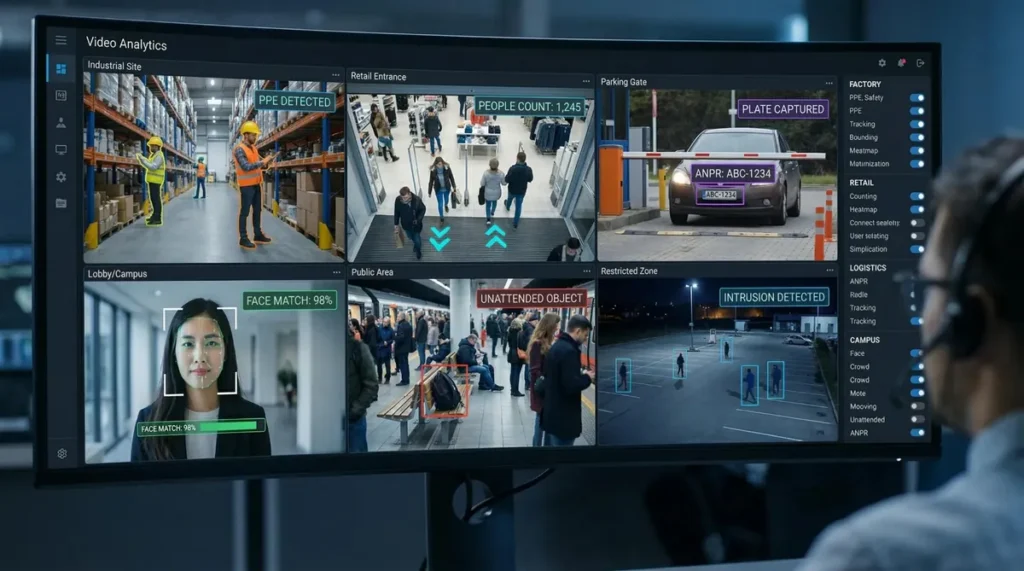 AI CCTV dashboard showing people counting, face recognition, ANPR, intrusion detection and AI video analytics.