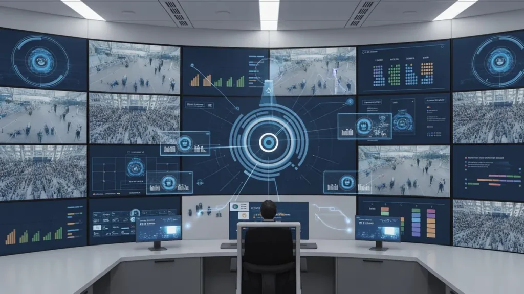 AI security operations center monitoring smart CCTV cameras with real-time video analytics.