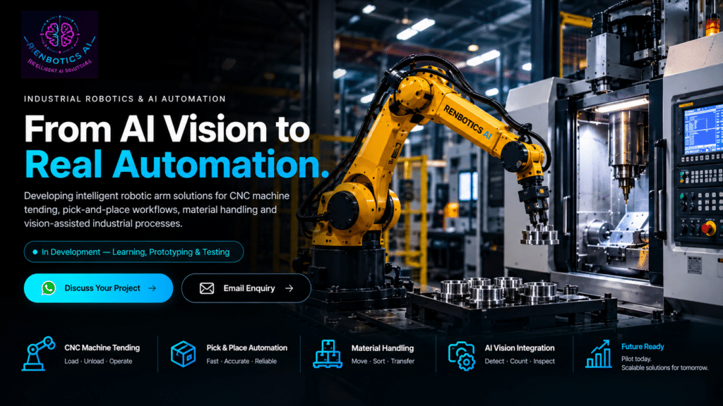 Renbotics AI industrial robotic arm for CNC machine automation, AI vision and smart manufacturing solutions in India and UAE