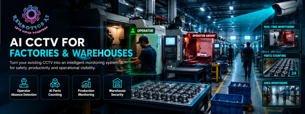 Renbotics AI CCTV for factories and warehouses in India and UAE, featuring operator absence detection, AI parts counting and production monitoring.