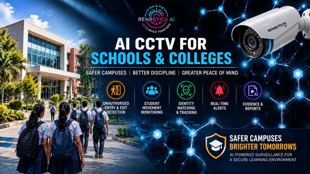 Renbotics AI CCTV for Schools and Colleges in India and UAE – AI-powered campus security, student movement monitoring, after-curfew detection and real-time alerts.